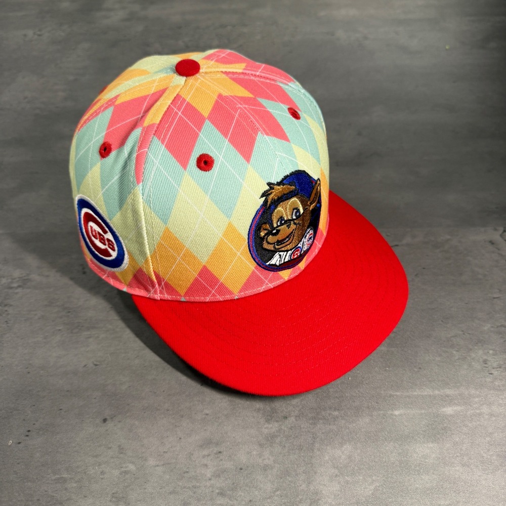 MyFitteds Chicago Cubs Hat New Era Cap 7 1/4 Clark Bear Mascot Logo Neon Plaid